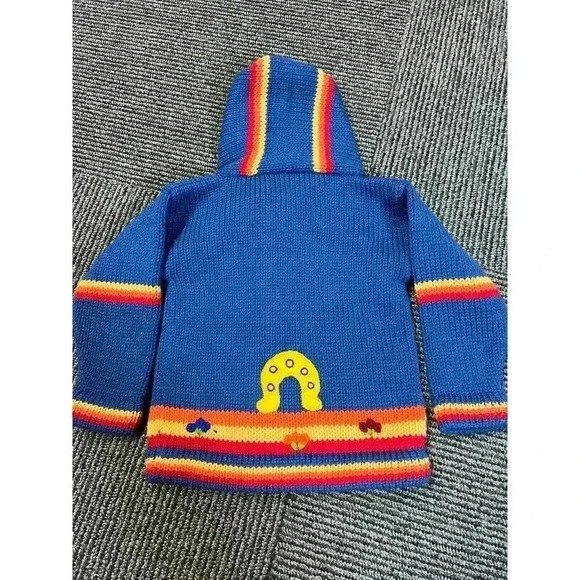 Lucy Iburg Handmade in Peru.  NWT Blue Knit Sweater, Horses, Sun Zip-Up Hoodie - Picture 5 of 7